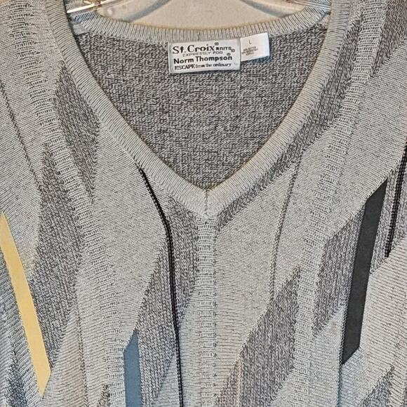 ST Croix Knits Norm Thompson Mens V Neck Argyle Sweater L Grey Cotton Blend - Picture 5 of 8